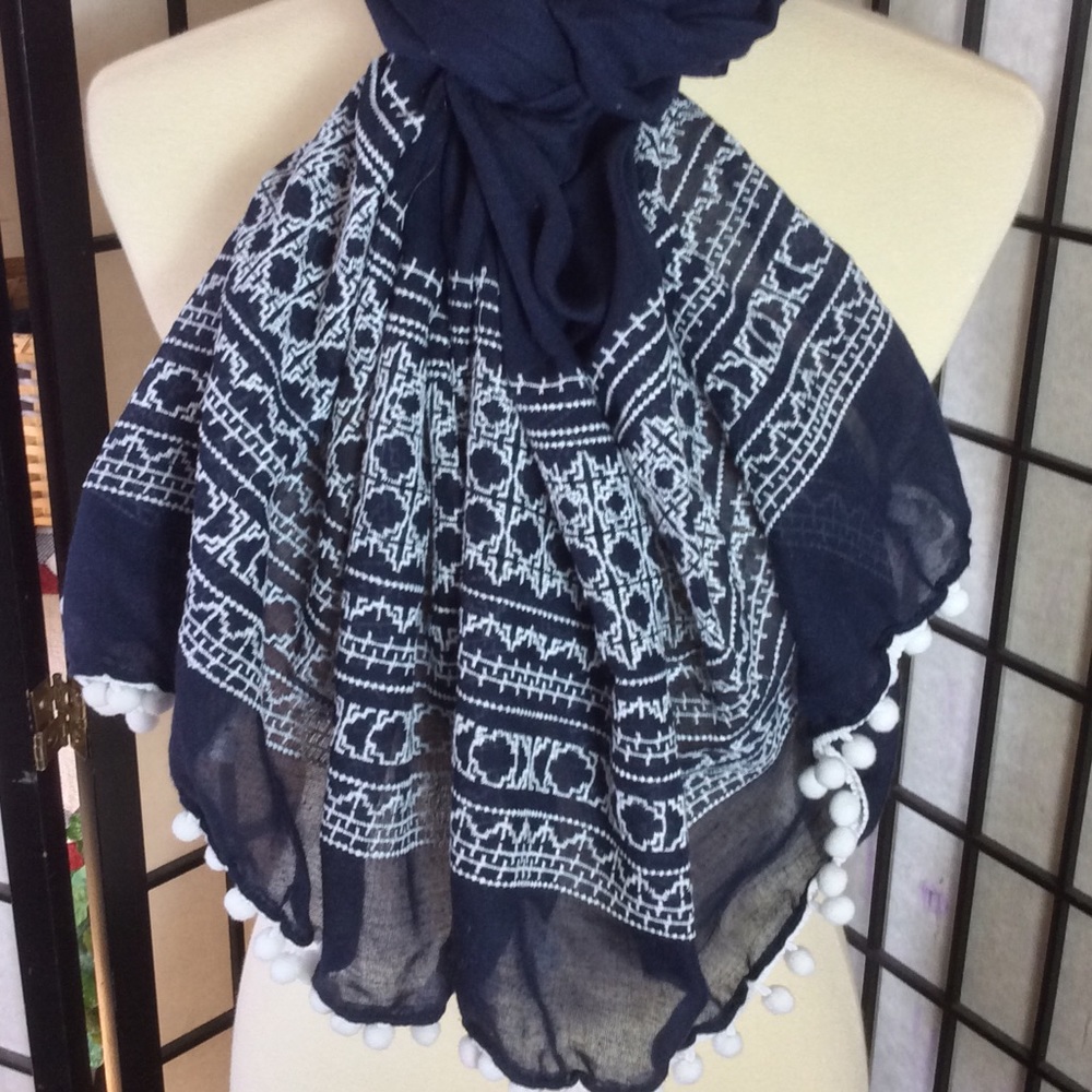 Dark Navy & White embroidered Oblong Scarf!